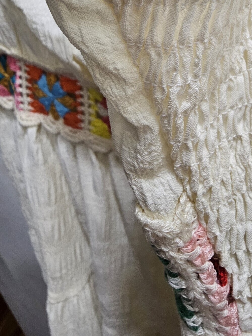 Beautiful Cream Spaghetti-Strap Tiered Dress with Multicolor Embroidered Waist - Picture 5 of 7